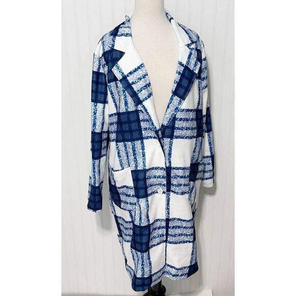Check Plaid Lightweight Coat Jacket Button Front Pockets White Blue Women's XL - Picture 4 of 14